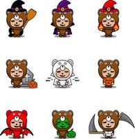 personagem de desenho animado de vetor urso fofo fantasia animal mascote conjunto pacote halloween