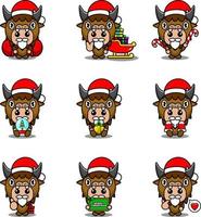 conjunto de personagens de desenhos animados de vetor mascote traje de bisonte bonito pacote de natal
