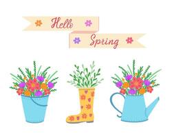 Olá primavera, balde, bota e rega pode com flores ilustração para impressão, fundos e embalagem. imagem pode estar usava para cartões, cartazes e adesivos. isolado em branco fundo. vetor