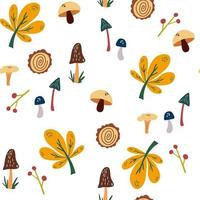 floresta padrão sem emenda. cogumelos, bolotas, folhas de fundo de bagas. elementos de design de floresta floral. para tecido, embalagem, têxtil, papel de parede, vestuário. ilustração vetorial. vetor