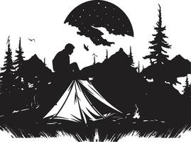 estrelado santuário Preto vetor acampamento logotipo Projeto ícone para período noturno felicidade desejo de viajar refúgio chique acampamento ícone ilustrando Preto vetor Projeto
