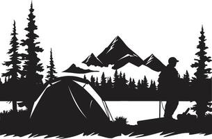 fogueira crônicas chique emblema ilustrando Preto acampamento aventuras para dentro a selvagem lustroso Preto ícone com vetor acampamento logotipo Projeto