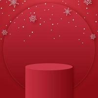 pódio do cilindro vermelho com forma circular para o fundo do produto e flocos de neve e neve caindo, modelo de modelo para evento de Natal vetor