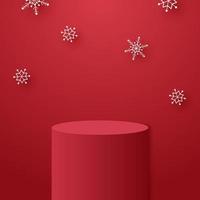 pódio de cilindro vermelho com flocos de neve caindo e modelo de simulação para evento de Natal vetor