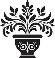 floral fusão lustroso Preto logotipo com elegância do plantar Panela em vaso brio monocromático emblema apresentando chique decorativo plantar Panela vetor