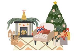 interior de Natal escandinavo isolado com lareira, árvore de Natal. Poltrona confortável com almofadas e pilha de lenha para as noites de inverno. tapete e presentes debaixo da árvore. ilustração vetorial. vetor