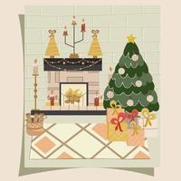 aconchegante sala de estar de natal com árvore de natal, lareira e poltrona em estilo escandinavo em um cartão postal ou pôster. decorações, guirlandas, meias e presentes de ano novo. Ilustração em vetor em estilo simples