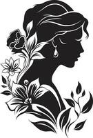 florescendo charme vetor símbolo do uma Preto floral mulher face encantador elegância Preto logotipo Projeto destacando mulher face dentro florais