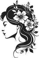floral harmonia uma Preto logotipo Projeto abraçando mulher face com elegância pétalas do serenidade vetor símbolo do uma mulher face dentro Preto logotipo