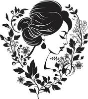 encantador elegância Preto logotipo Projeto destacando mulher face dentro florais floral femme uma vetor Preto logotipo a comemorar feminilidade