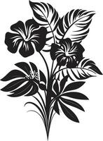 exuberante trópicos vetor símbolo do plantar folhas e flores dentro Preto logotipo botânico felicidade lustroso Preto ícone Projeto com tropical plantar folhas e flores