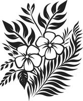 ilha oásis dinâmico Preto logotipo Projeto com tropical plantar folhas e flores paraíso pétalas lustroso vetor ícone do tropical plantar folhas e flores dentro Preto
