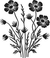 florescente Campos icônico Preto símbolo com flores silvestres vetor místico pétalas lustroso Preto logotipo Projeto apresentando flores silvestres