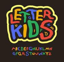 letras de crianças coloridas, educação abc, fonte infantil. alfabeto multicolor para logotipo engraçado, decoração de arte de aniversário, jogo de escola, letras em quadrinhos. tipografia infantil, desenhos animados bonitos alegria design vetor