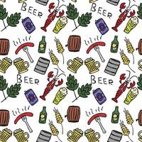 sem costura doodle padrão com cerveja, lagostas e salsichas. Ilustração em vetor preto e branco com ícones do tema cerveja