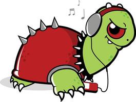 desenho animado tartaruga ouvindo para música com fones de ouvido. tartaruga animal animal ouvindo para Rocha música. vetor ilustração
