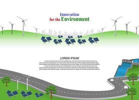 sistema de geração de energia energia limpa renovável da natureza, como energia eólica, solar e hídrica, pode ser usada para produzir eletricidade. Infográfico de modelo de vetor cronograma de operações de negócios com bandeiras