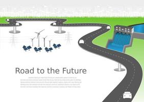 sistema de geração de energia energia limpa renovável da natureza, como energia eólica, solar e hídrica, pode ser usada para produzir eletricidade. Infográfico de modelo de vetor cronograma de operações de negócios com textos