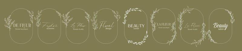 modelo de design de logotipo e conceito de monograma em estilo linear moderno com arco - quadro floral com espaço de cópia para texto ou carta - emblema para moda, beleza e joias, convite de casamento, socia. vetor