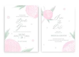 design de modelo de cartão de convite de casamento floral, com peônia rosa aquarela e folhas verdes. tema vintage pastel. vetor
