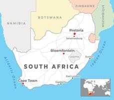 sul África político mapa com capital Pretória, Bloemfontein e capa cidade, a maioria importante cidades com nacional fronteiras vetor