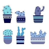 conjunto de cactos estilizados em vasos decorativos com padrões em tons de azul, plantas caseiras, suculentas com espinhos vetor