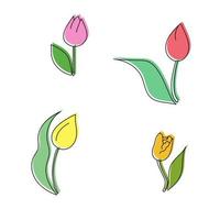 conjunto de doodle tulipas de várias cores, delicadas flores de primavera para decoração vetor