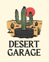 vintage cacto dentro a deserto ilustração com garagem deserto tipografia Projeto para imprime. vetor