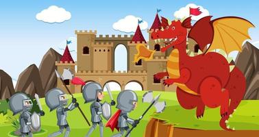 cavaleiros lutam com dragão no castelo vetor