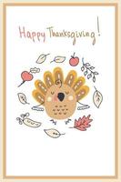 cartão postal de ação de Graças com a Turquia, legumes e folhas de outono. vetor