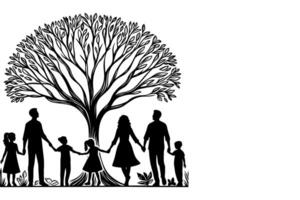 contínuo 1 Preto linha arte desenhando silhuetas do feliz família segurando a mãos com árvore vetor ilustração em branco fundo