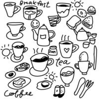 doodle desenho de xícara de café, chá e chaleira e coisas do café da manhã pão ovo torrada sol desenho vetorial desenhado à mão vetor