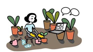 jardinagem trabalho de casa e plantio on-line de desenho vetorial desenhado à mão vetor