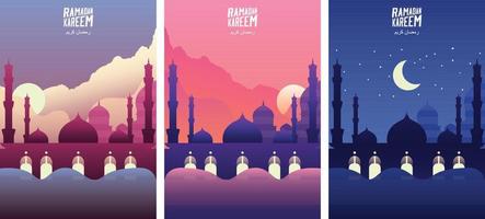 mesquita islâmica na areia do deserto ao amanhecer, pôr do sol e noite. banners de saudação ramadan kareem definir ilustração vetorial de modelo. - vetor