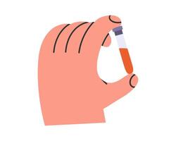 mão desenhado fofa ilustração do mão com tubo com sangue. plano sangue teste dentro simples colori rabisco estilo. medicamento, laboratório adesivo, ícone ou imprimir. isolado em branco fundo. vetor