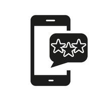 comentários em Móvel telefone silhueta ícone. cliente satisfação sólido placa. estrelas em Smartphone com discurso bolha, Reveja conceito. social meios de comunicação aplicativo Avaliação símbolo. isolado ilustração vetor