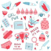 menstrual período conceito, conjunto do higiene produtos Como tampão, almofadas, menstrual xícara, desenho animado útero, calendário vetor
