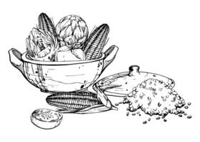 mão desenhado tinta ilustração, cozinhando Panela cerâmica vegetal ensopado milho milho Quinoa, sul americano cozinha composição isolado em branco fundo. Projeto viagem, férias, folheto, impressão vetor