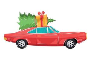 belo carro vermelho carregando árvore de natal e caixa de presente vetor