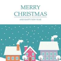 cartão de feliz natal com casas na neve do inverno vetor