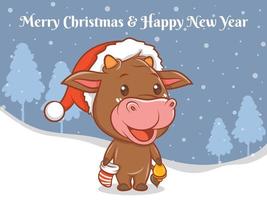 personagem de desenho animado de vaca bonito com feliz Natal e banner de saudação de feliz ano novo. vetor
