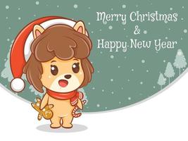 personagem de desenho animado de filhote de cachorro bonito com feliz Natal e banner de saudação de feliz ano novo. vetor