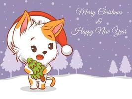 personagem de desenho animado de gato bonito com feliz Natal e banner de saudação de feliz ano novo. vetor