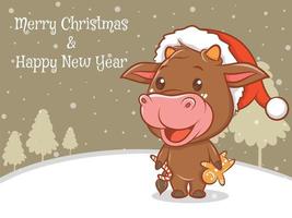 personagem de desenho animado de vaca bonito com feliz Natal e banner de saudação de feliz ano novo. vetor