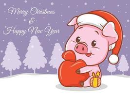 personagem de desenho animado de porco fofo com banner de feliz natal e feliz ano novo vetor