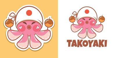 o logotipo takoyaki do personagem de desenho animado de um polvo fofo e ilustração do mascote vetor