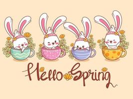 coelhinha com uma xícara de chá e flor de primavera. ilustração de personagem de desenho animado olá primavera vetor