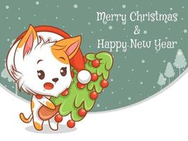 personagem de desenho animado de gato bonito com feliz Natal e banner de saudação de feliz ano novo. vetor