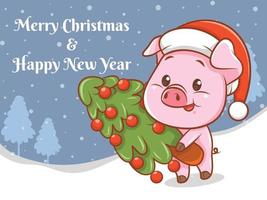 personagem de desenho animado de porco fofo com banner de feliz natal e feliz ano novo vetor