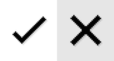 silhueta pixel arte, anos 90 humor, 8 bits retro estilo silhueta Verifica marca e Cruz marca, conjunto do Preto Carraça e Cruz ícones ou símbolos em pixelizada estilo ilustração vetor